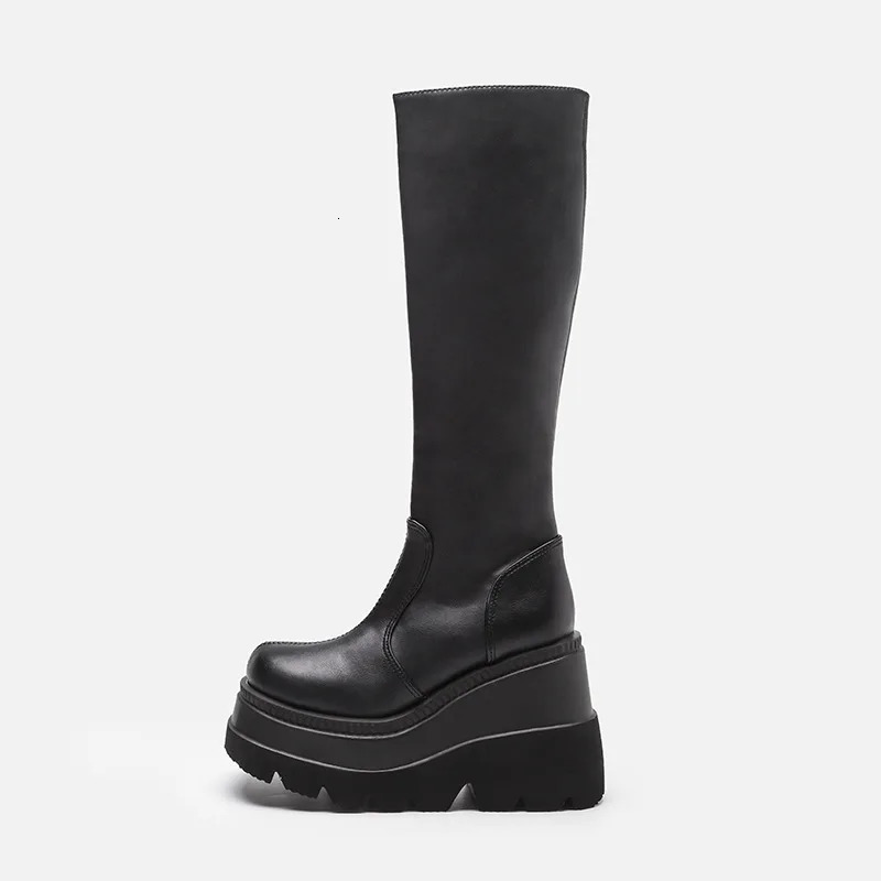 Women Knee High Boots Womens Zip Leather Buckle High Boots Woman Low Heels Ladies Buckle Belt Female Shoes Gothic Shoes 251105