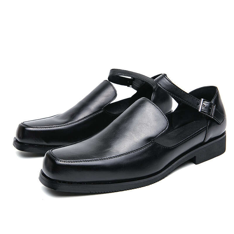 Spring and Autumn Breathable Fashion Black Low Heel Buckle Square Head Small Leather Shoes Large Size Baotou Sandals