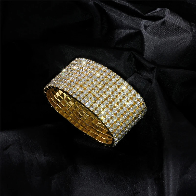 TREAZY 110 Rows Rhinestones Bridal Wedding Bangles GoldSilver Color Crystal Stretch Bracelet Women Wristband Elastic Jewelry 251031