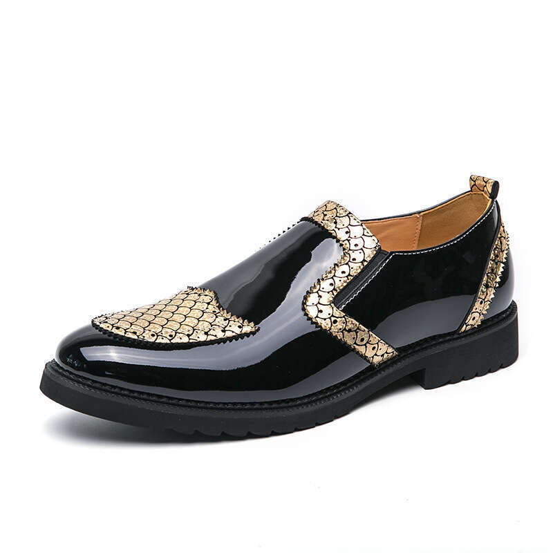 Large size leather 2024 Spring and Autumn men's British style Korean version wedding groom shiny hairstylist gold shoes
