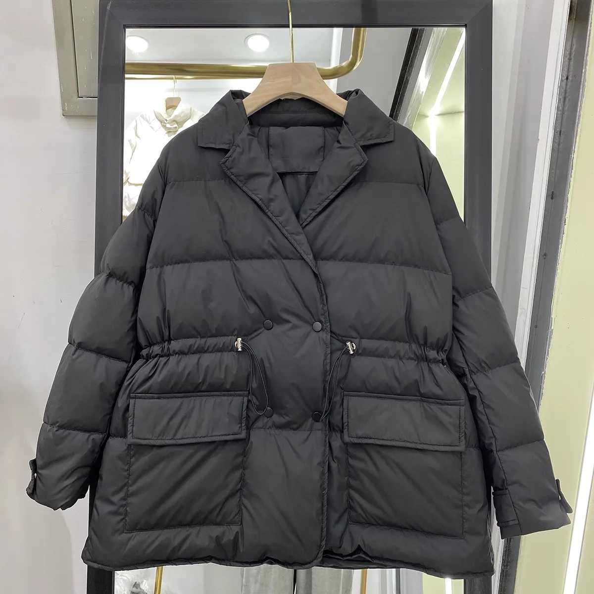 2025 New Winter Women White Duck Down Coat Casual Lady Drawstring Puffer Outwear Female Notched Collar Double Breasted CoatT251105