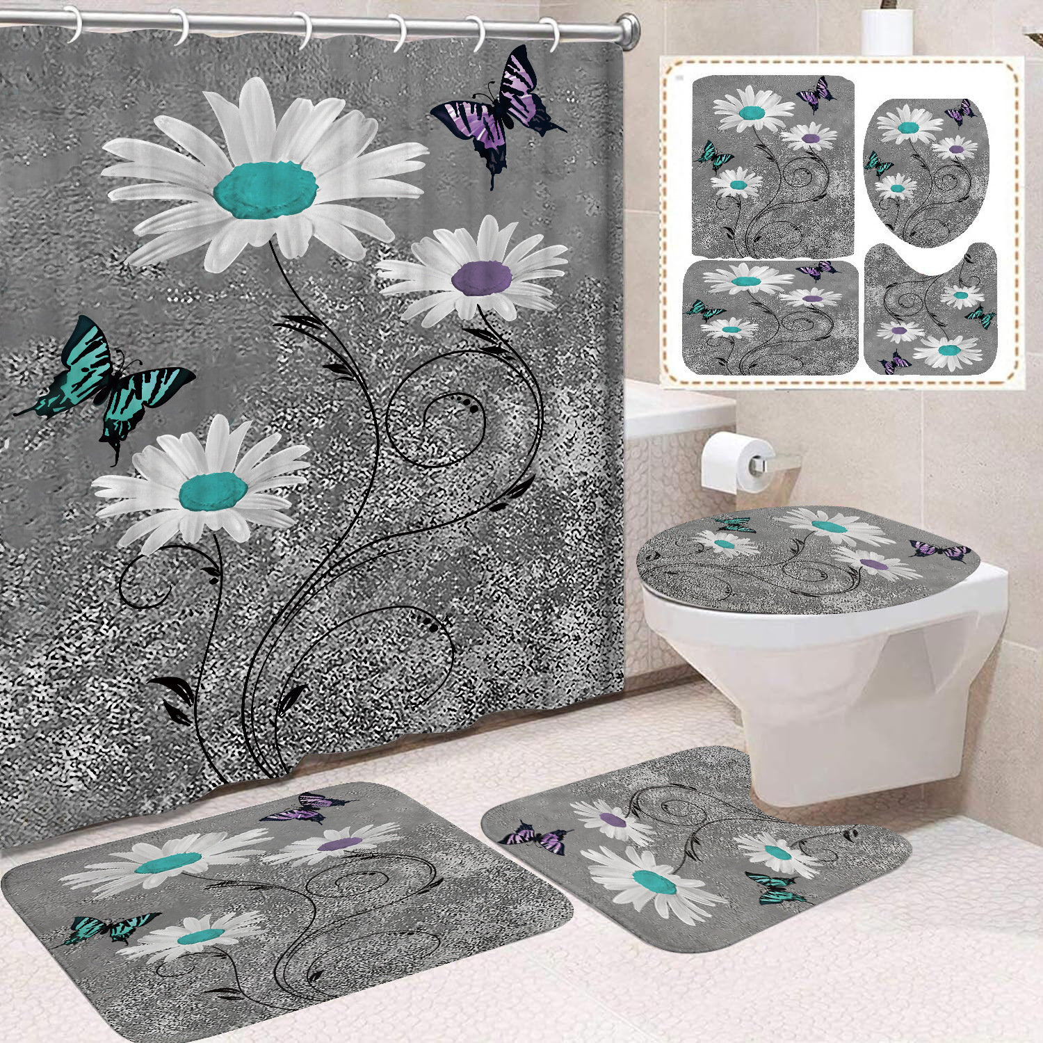 YL-37635 Customized 3D Watercolor Butterfly and Daisy Shower Curtain/Toilet Partition Curtain/No-Drill Curtain/Shower Curtain