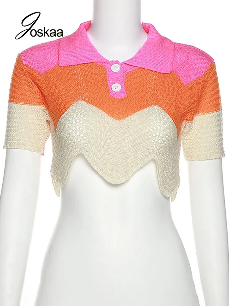 Joskaya striped knitted lapel short sleeved crop top mini skirt two-piece matching set womens clothing summer sexy club clothing 250401