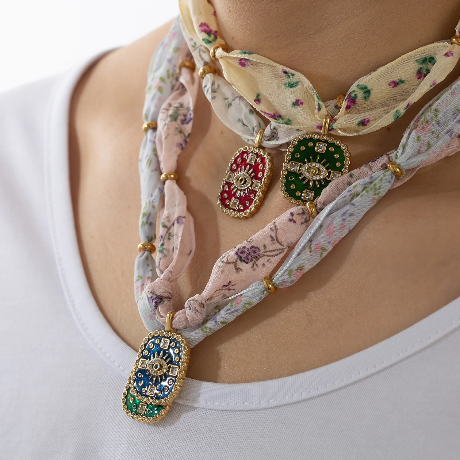 Fashion Original n Silk Scarf Necklace with Colorful Oil Drip Stainless Steel Pendant Womens Collarbone Chain 251031