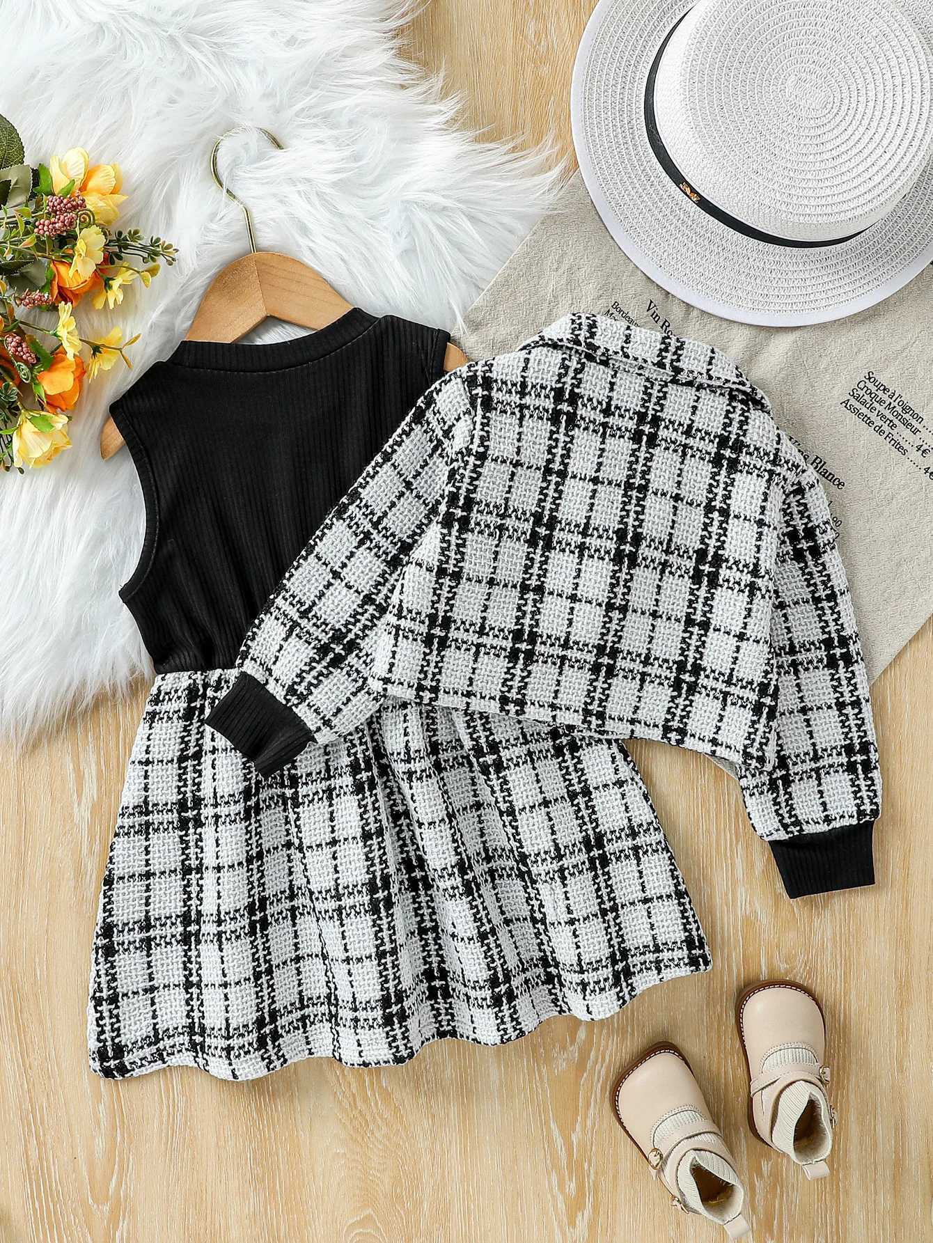 Kids 2025 Autumn/Winter Sleeveless Plaid Dress Plaid Long Sleeve Jacket With Button For 1-6Y Girls Active Fashion Dress Set Y251105
