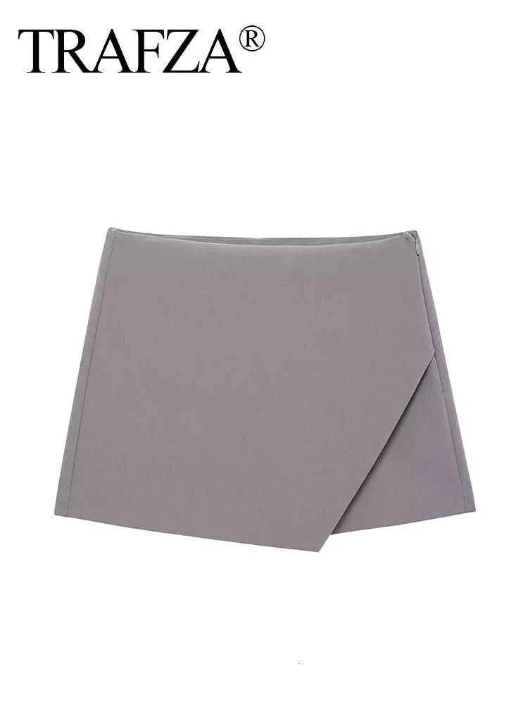 TRAFZA Women Elegant Solid Mini Skirt Shorts Side Zipper Asymmetric Hem High Waist Skirts 2025 Summer Lady Slim Shorts Skirts 250402