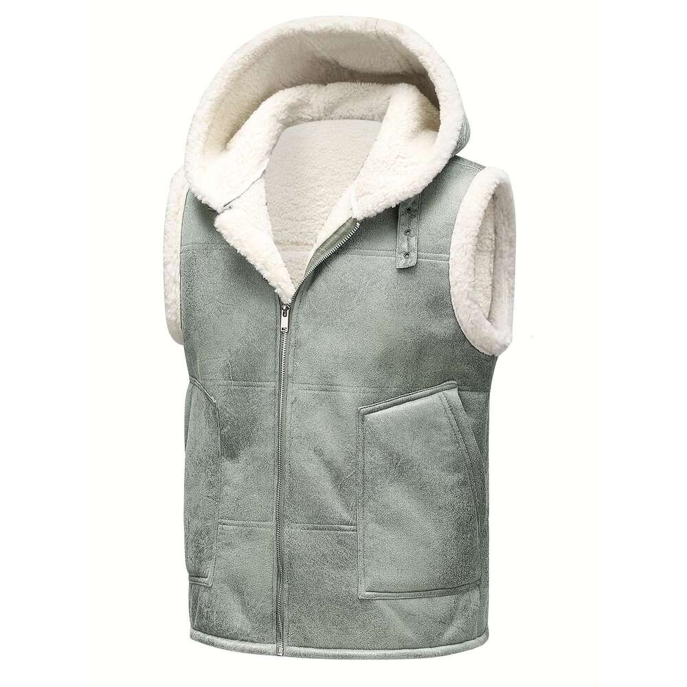 Warm Vest Warm Windproof Men's Fleece-Lined - Stylish Sleeveless With Zipper Pockets, Olive Green, Daily Comfort Vest Hooded Jacket | Functional 