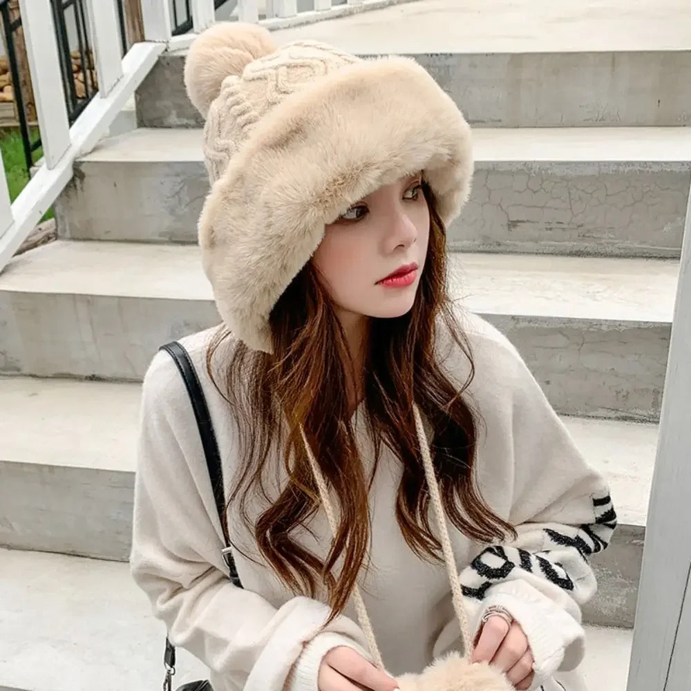 Fashion Faux Fur Knitted Bobble Beanie Hat Cute Pom Ball Cossack Skiing Furry Cap Winter Thicken Warm Coldproof 251030