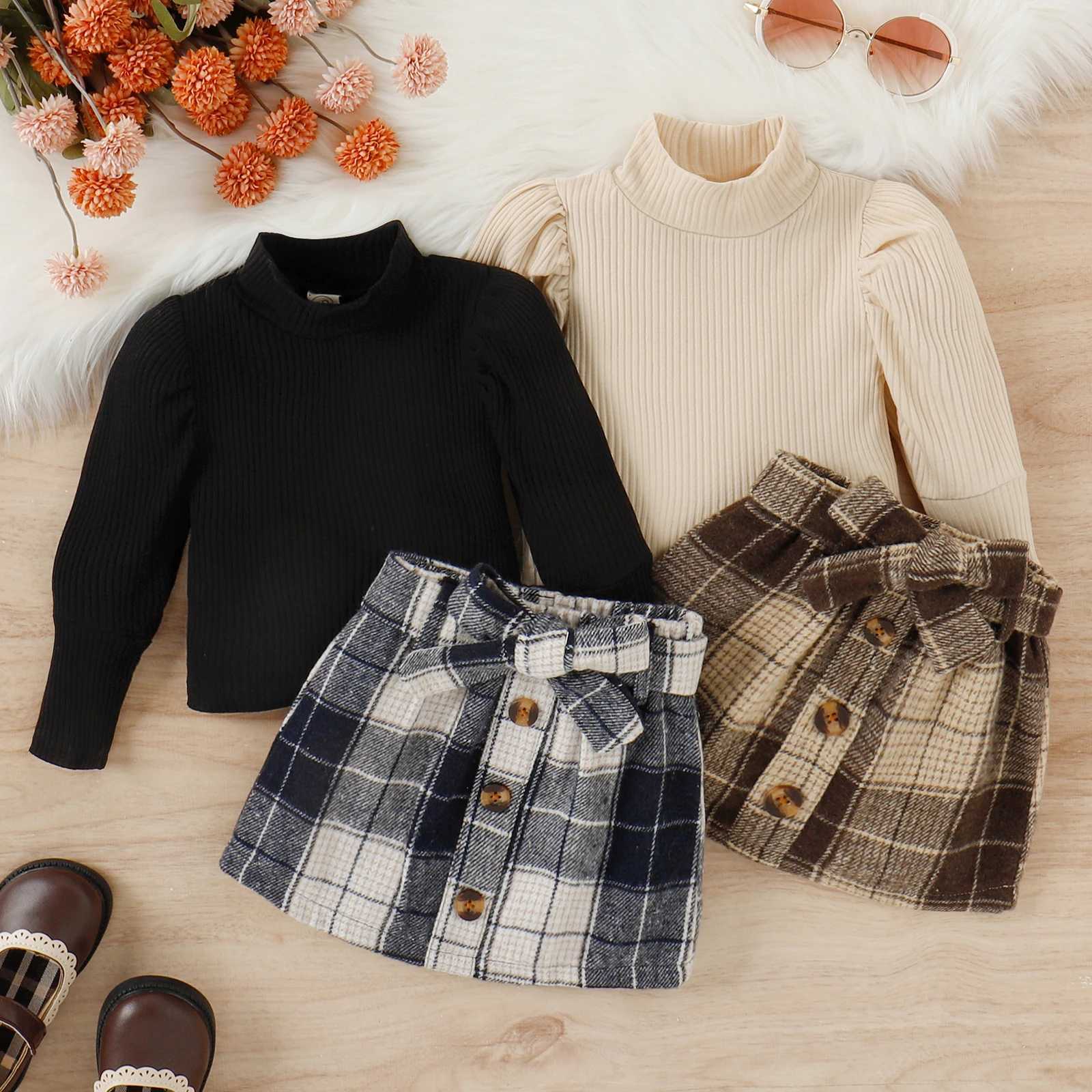 3PCS Autumn And Winter 1-4 Year Old Girls And Baby Trendy And Fashionable Solid Color High-Necked Top Plaid Skirt Suit Y251105