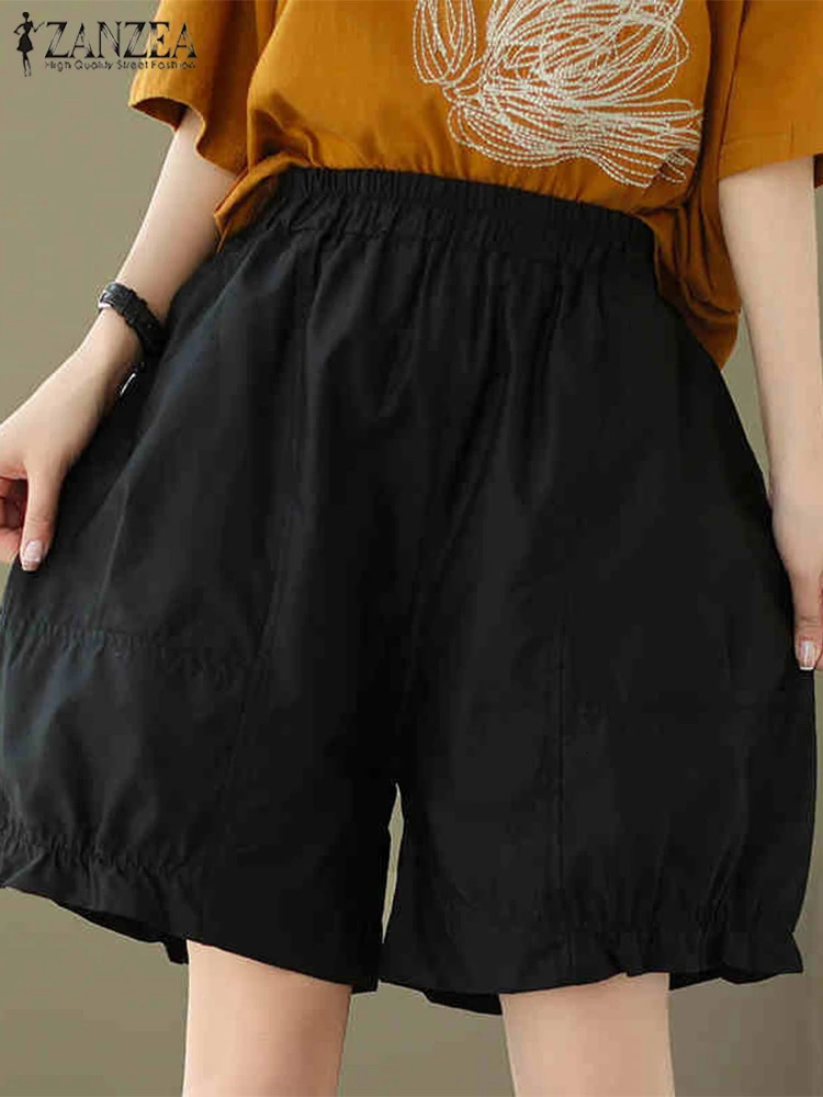 2025 ZANZEA Summer Elastic Waist Fashion Shorts for Women High Casual Solid Pocket Loose Pants Oversized 250401