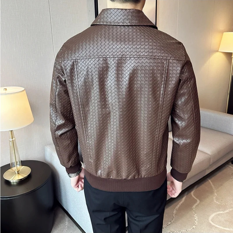 2023 Autumn Winter Men High Quality Woven Leather Jacket Fashion Lapel Business Casual Motorcycle Social Overcoat 251030
