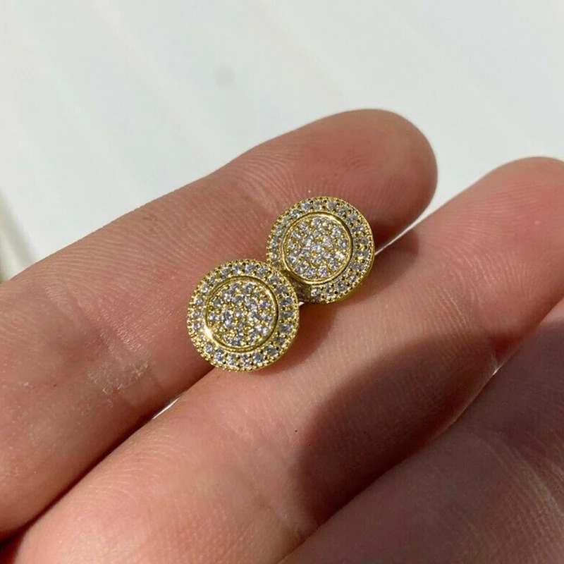 Huitan golden round stud earrings suitable for women fully covered with bright cubic zirconia fashion version womens jewelry in bulk 250326