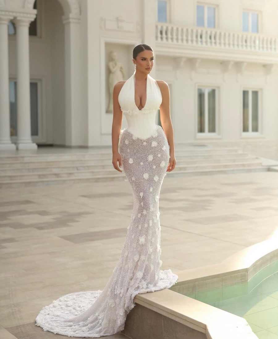 Modern Mermaid Evening Dress Hanging Neck Prom Gowns Sexy Flower Beads Satin Prom Dress vestidos de novia Plus Size Customized Robes De Mariee L252958