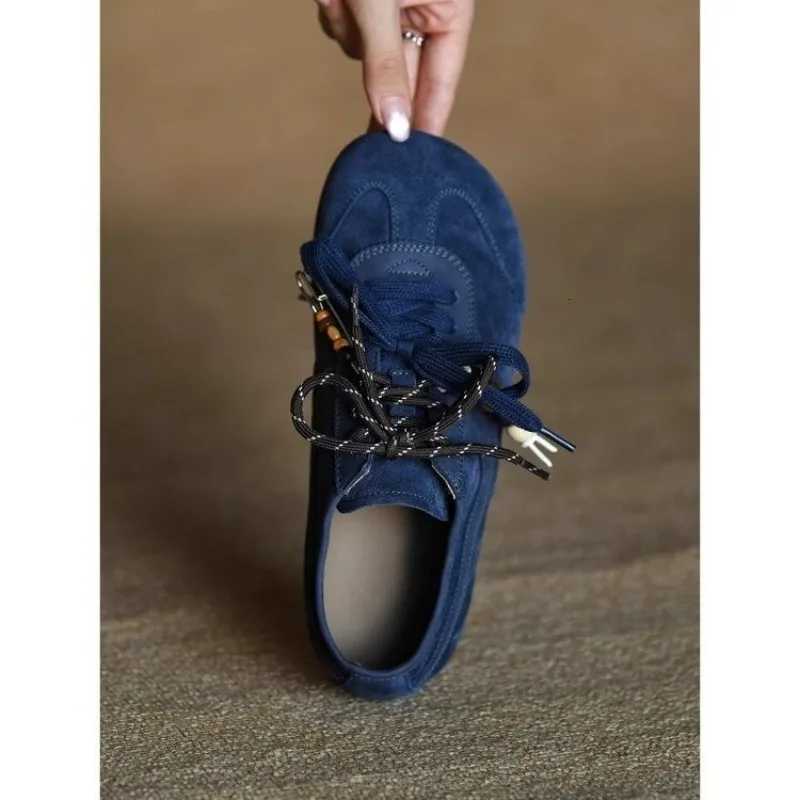 Lace-up Single Shoes Autumn New Round Toe Deep Mouth Spld Suede Soft Sole Non-Slip Flats Y251105