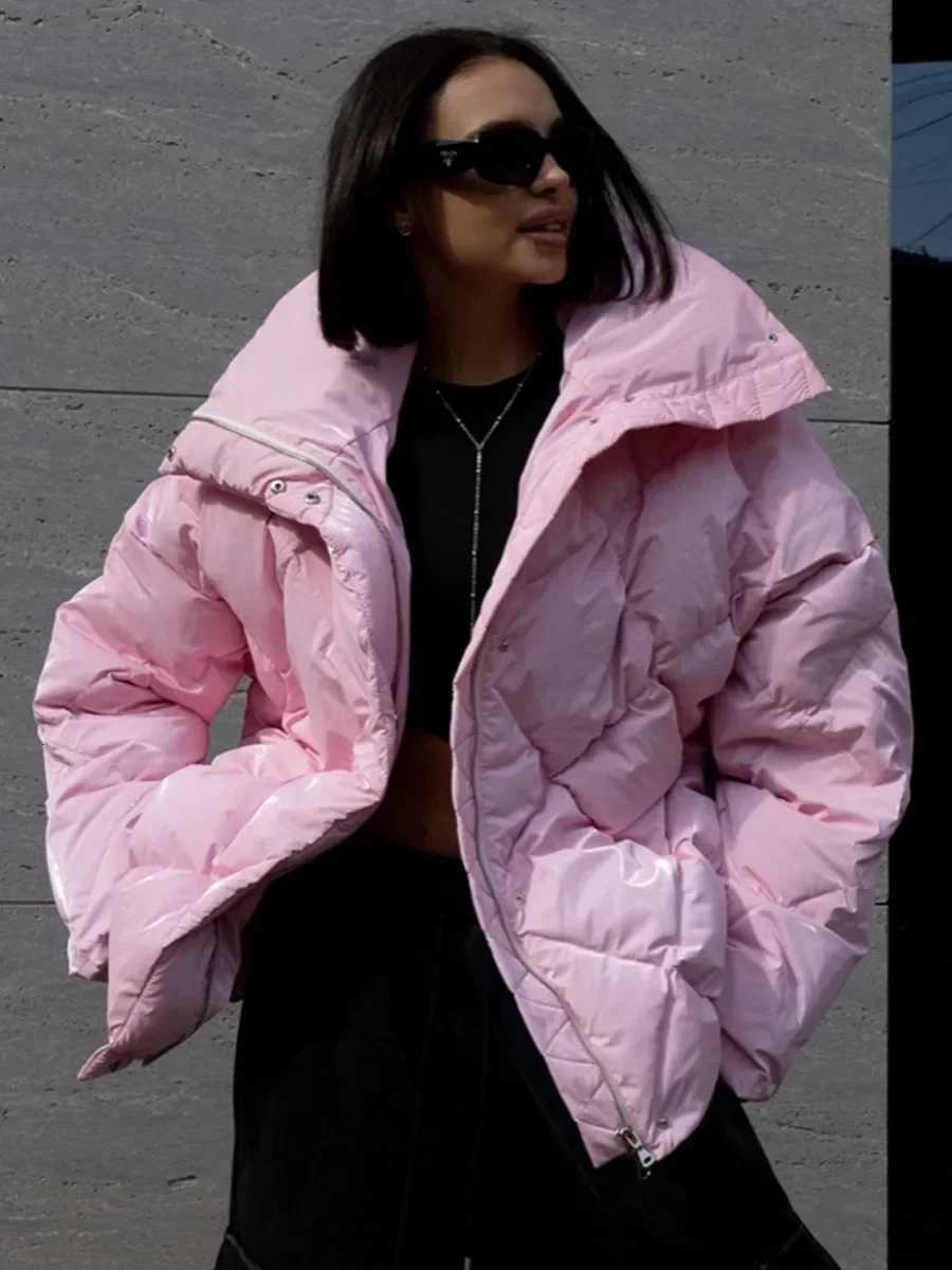 Blubelle Autumn Winter Thicken Warm Cotton Jacket Matte Glossy Lapel Bread Jacket Womens Fashion Loose Casual Cotton JacketT251105