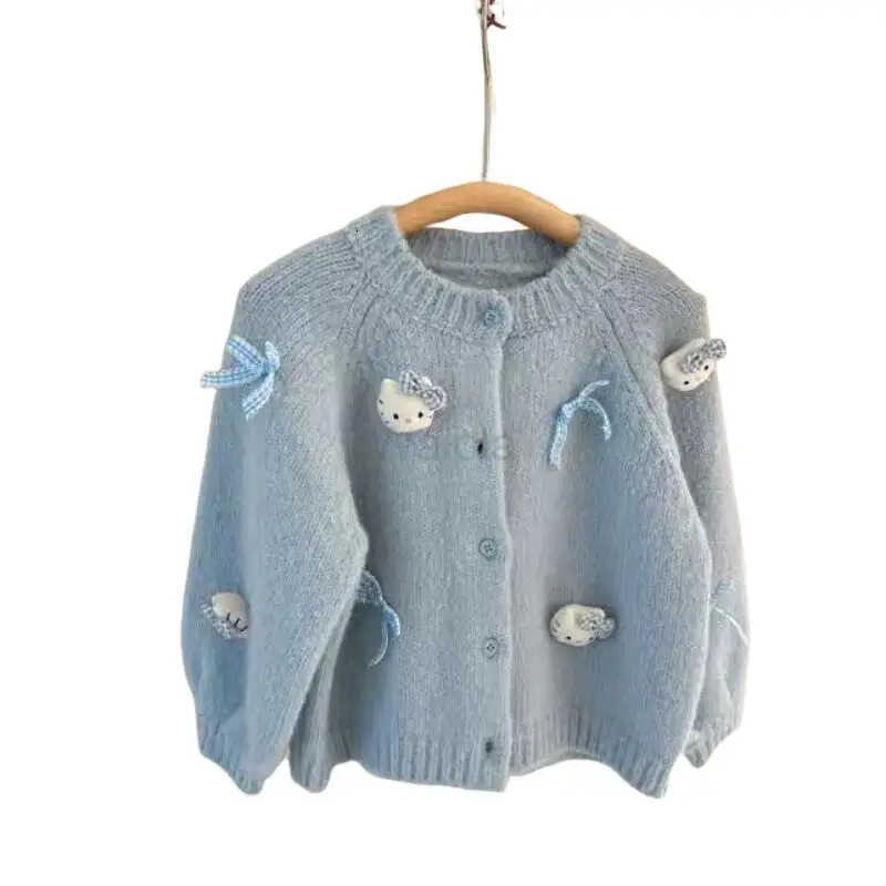 Sanrio Hello Kitty Kids Cardigan Girl Cartoon Kawaii Fashion Sweater Loose Bow Knit Coat Spring Autumn Clothes Girls Gift New H251105