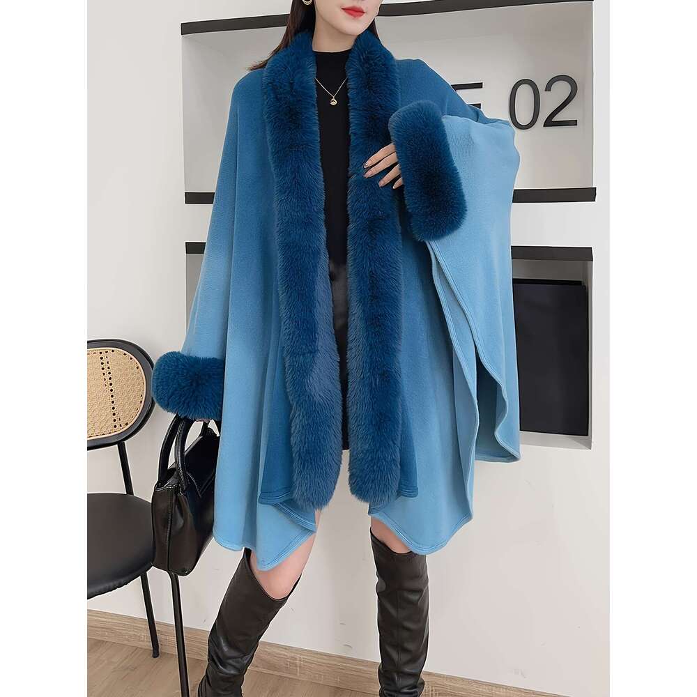 Women's Oversized Korean Fashion Winter - Collar Gradient Grey/Black Cape Cloak With Plush Trim, Wrap Shawl Mantle & Elegant Casual Or Formal Eve