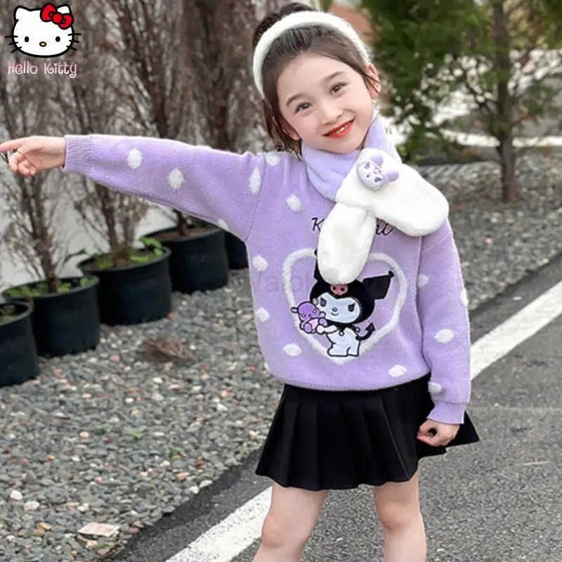 Sanrio Girls Kurom Warm Sweater Anime Autumn and Winter Kawaii New Cartoon Childrens Fashion Thicken Knitted Cardigan Tops H251105