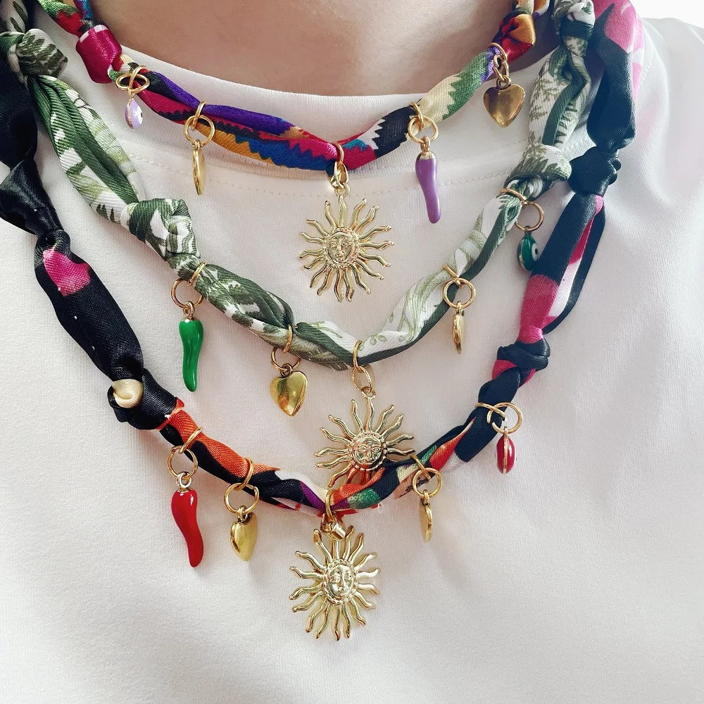 Handmade Fabric Bandana Necklace Adjustable Necklace with Golden Sun Heart Charms 251031
