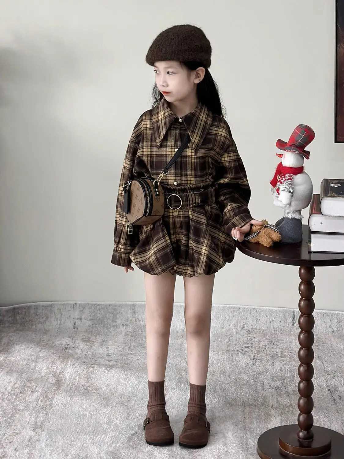 Girls Suit 2025 Autumn New Childrens Clothing Korean Girl Baby Plingham Lapel Long-sleeved Shirt Flower Bud Shorts Two Sets Y251105