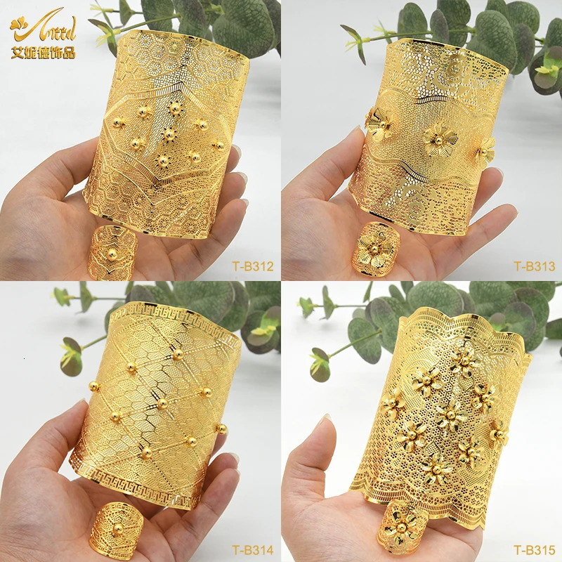 ANIID 24K Dubai Gold Plated Bangle Bracelet With Rings For Women Bridal African Jewelry Wedding Ethiopian Bracelets 251031