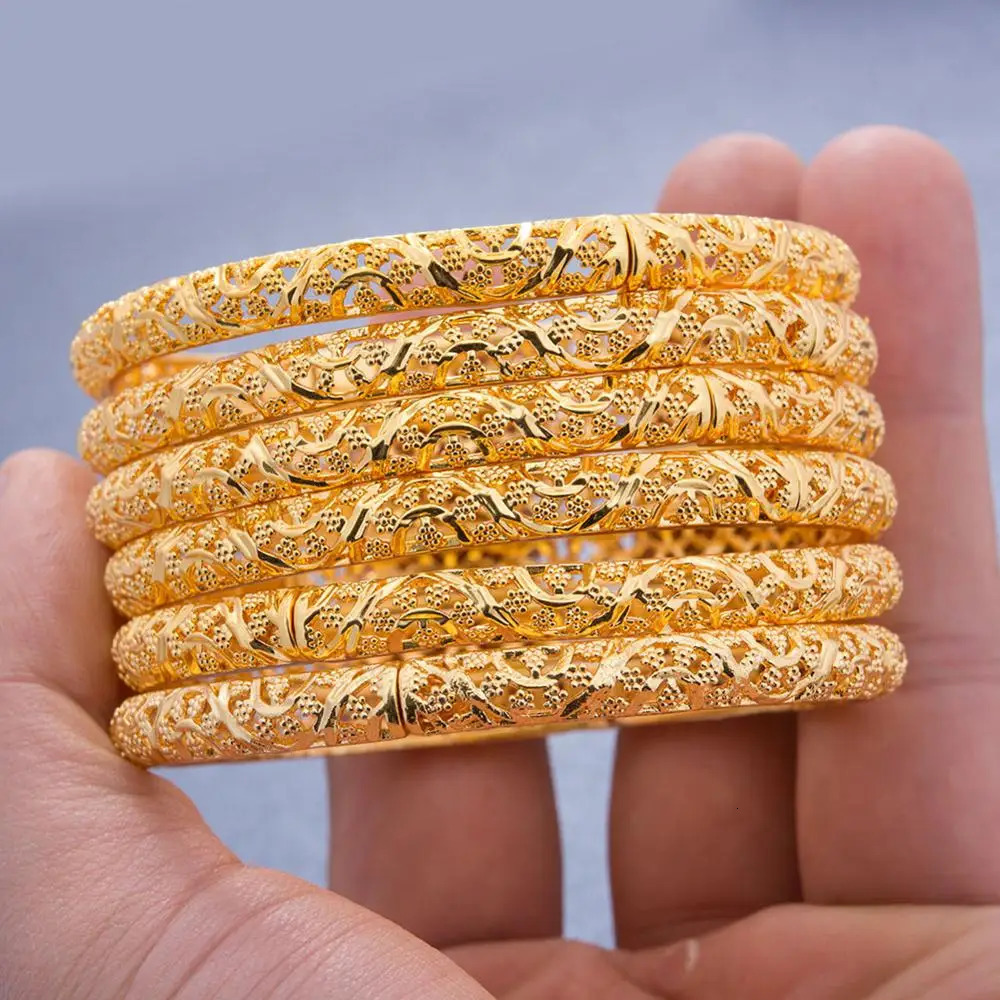 24k 6Pcs Gold Color Dubai India Bangles For Women African Bridal Bangles Bracelets Gold Wedding Bangles Jewellery Gifts 251031