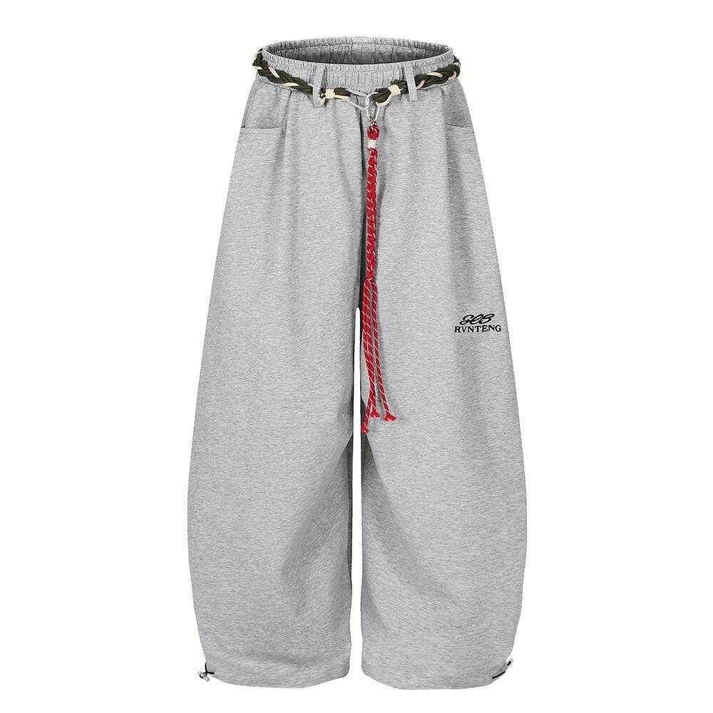 Unique Woven Waist Rope Oversized Wide-Leg Pants for Men American Style Trendy Brand Vibe Drawstring Cuff Design Sports Trousers