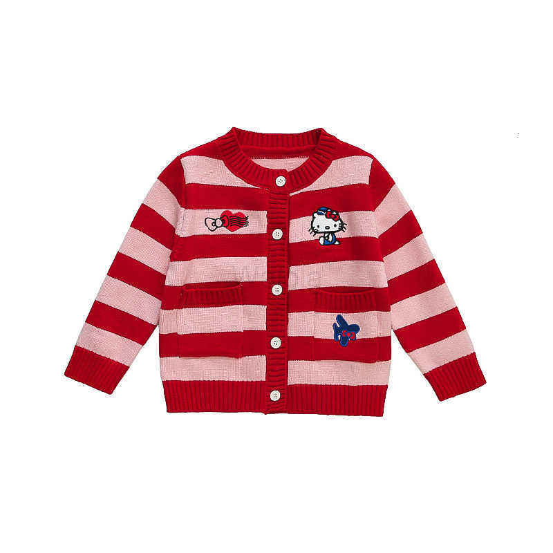 Sanrio Girls Knitted Cardigan Jacket 2025 Autumn New Baby KT Cat Cartoon Striped Sweater Loose Top Spring Autumn H251105