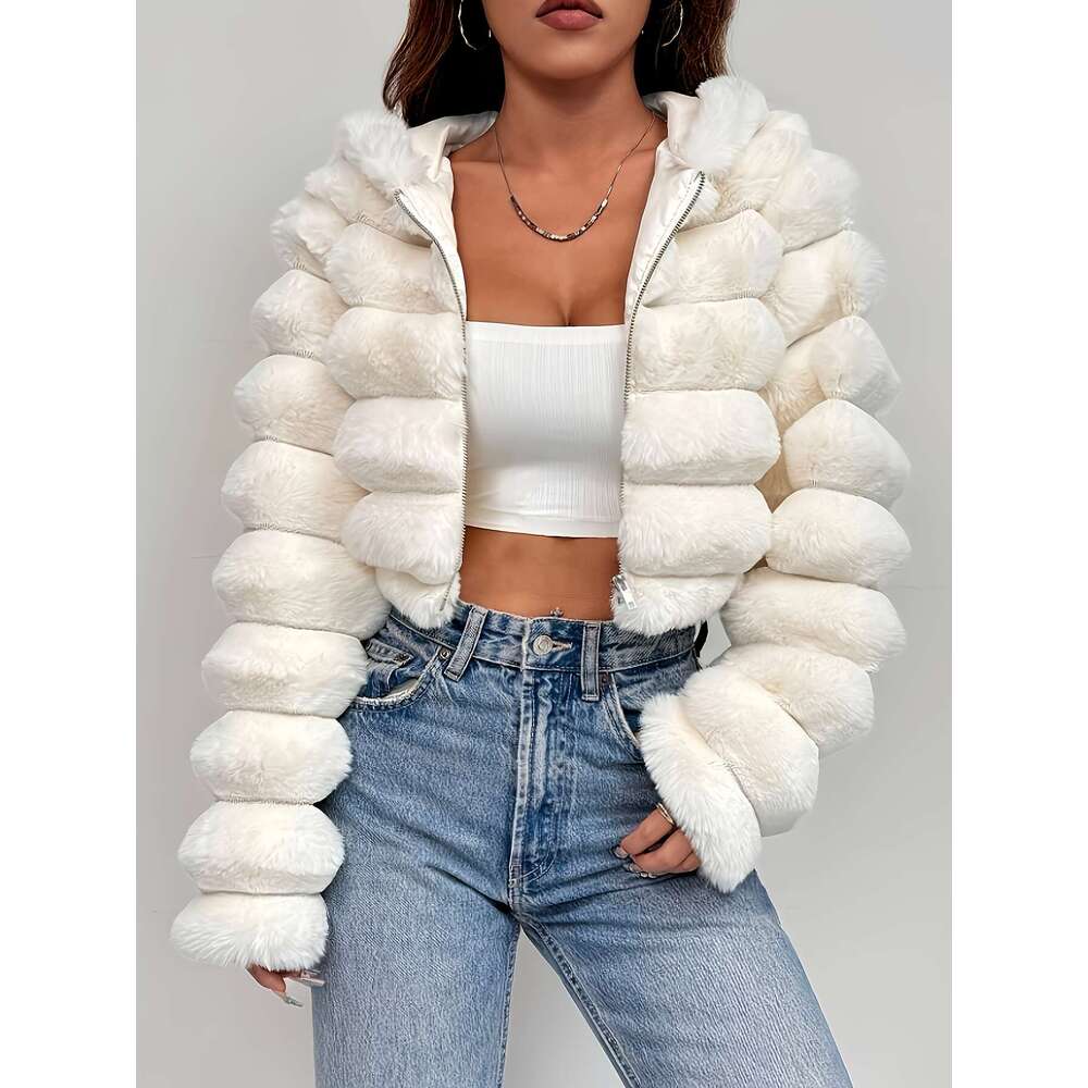 Women's Winter White Plush With Hood Oversized Jacket, Thick Luxurious Cold Weather, Hine Washable Outerwear No Dry Clean, Cozy Jacket For Partie