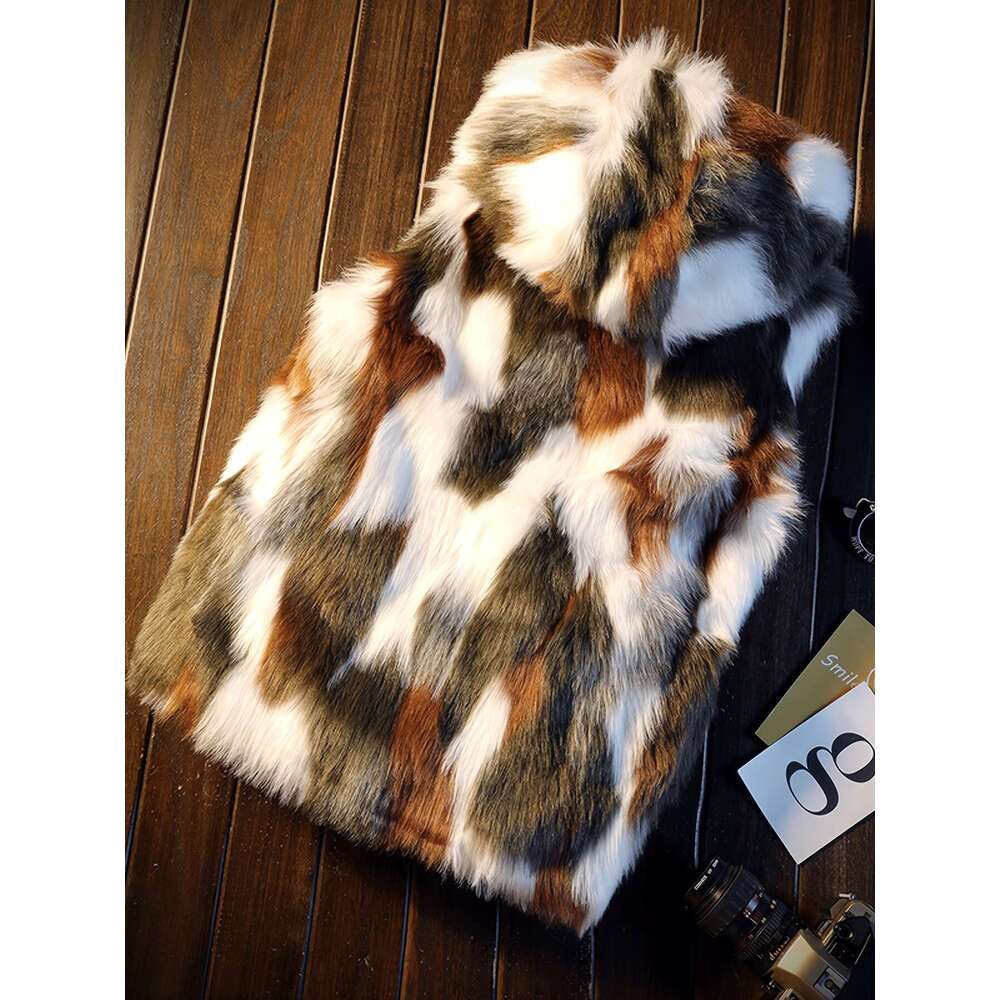 Men's Plush Faux Fur Hooded - Stylish Brown & White Color Block, Zip-Up, Long Sleeve, Warm Fall/Winter Outerwear, Casual Polyeer Jacket For Coupl