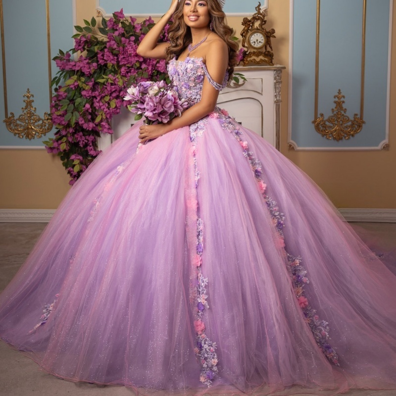 Lilac Shiny Quinceanera Dresses Off Shoulder Ball Gown Sweet 16 Dress Applique Flower Beads Tull Birthday Party Vestidos 15 De Anos