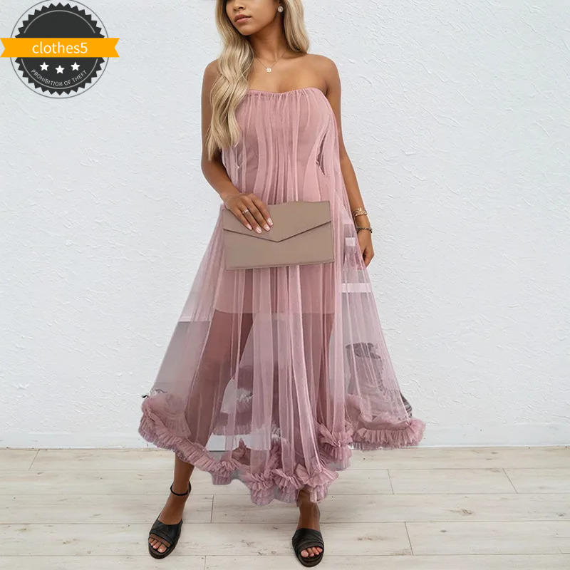 Women's Fashion Sleeveless Strapless Solid Color Dresses New Arrival Trendy Mesh Patchwork Evening Dress Female 33A2633