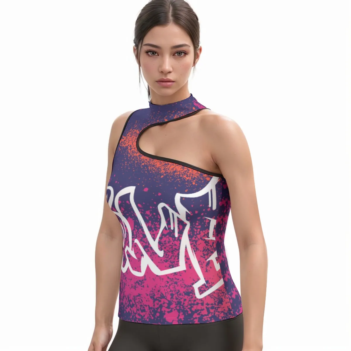 Women's Halter Sleeveless Asymmetrical Tank Top, All-Over Print Workout Top with Black Binding, Medium-Impact Fitness Shirt