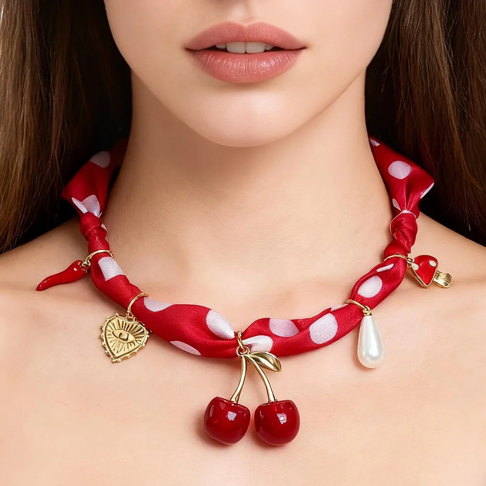 Red Pink Cherry Bandana Necklace for Women Girls with Charms Scarf Pendant Daily Wear Fashion Accessory 251031