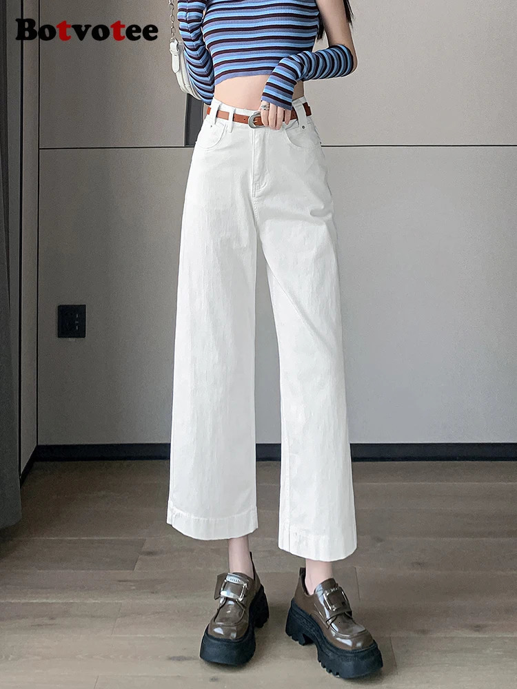 Botvotee Ankle Womens Jeans Summer Korean Fashion Straight Wide Leg High Waist Denim Pants White Blue Cut 250403