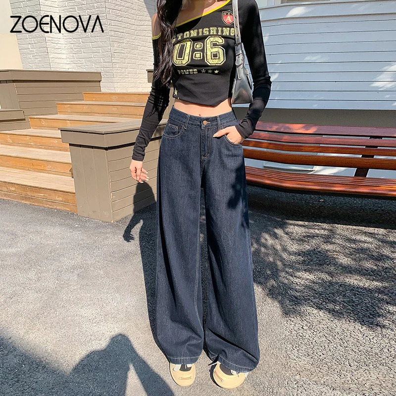 Zoenova retro jeans womens high waisted ultrathin wide leg pants classic blue pocket street Y2K fashion fully matched denim shorts 250403