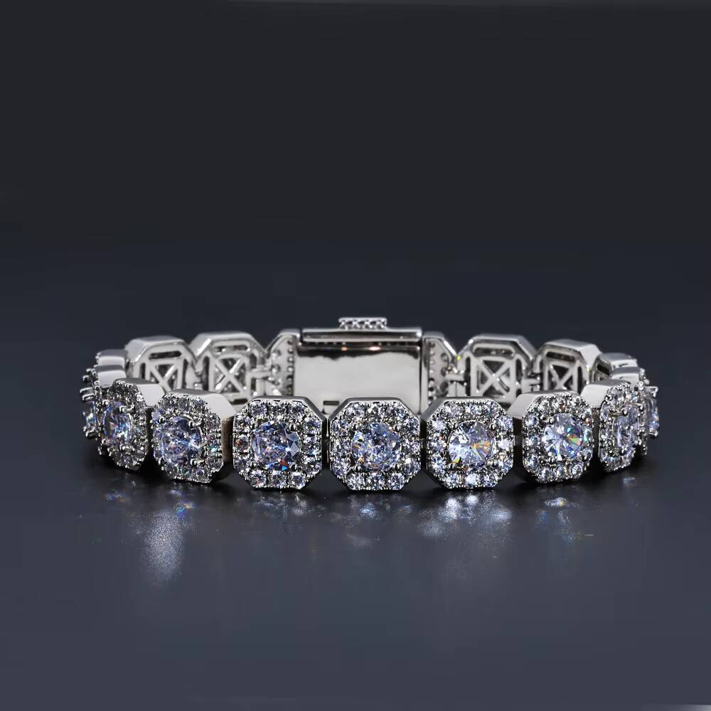 Bling Iced VVS Moissanite Bracelet for Men 12mm Square Shape Tennis Diamond Bracelets with 925 Silver Tennis Chain Hip-Hop Style