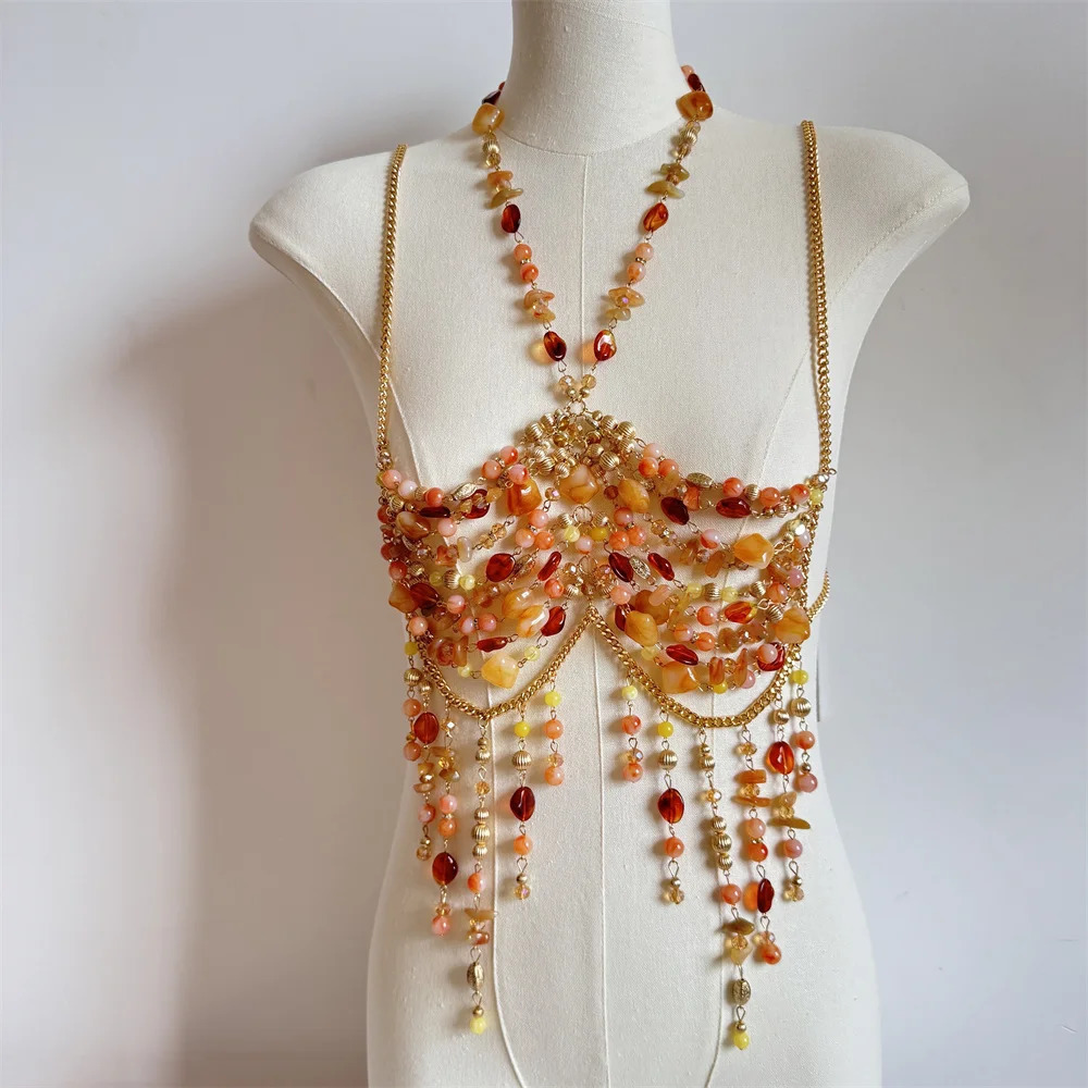 Ladies Body Chain Bead Camisol Tank Top Hollow Top Body Jewelry Exposed Pearl Necklace Full Fashion Bra Ladies Club Carnival 250403