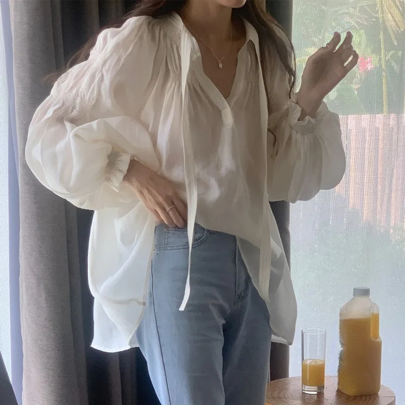 OceanLOVE V-neck Womens Shirt and Shirt Solid Color Korean Fashion Elegant Blue Womens Spring Autumn Sweet Carmicha Top 250402