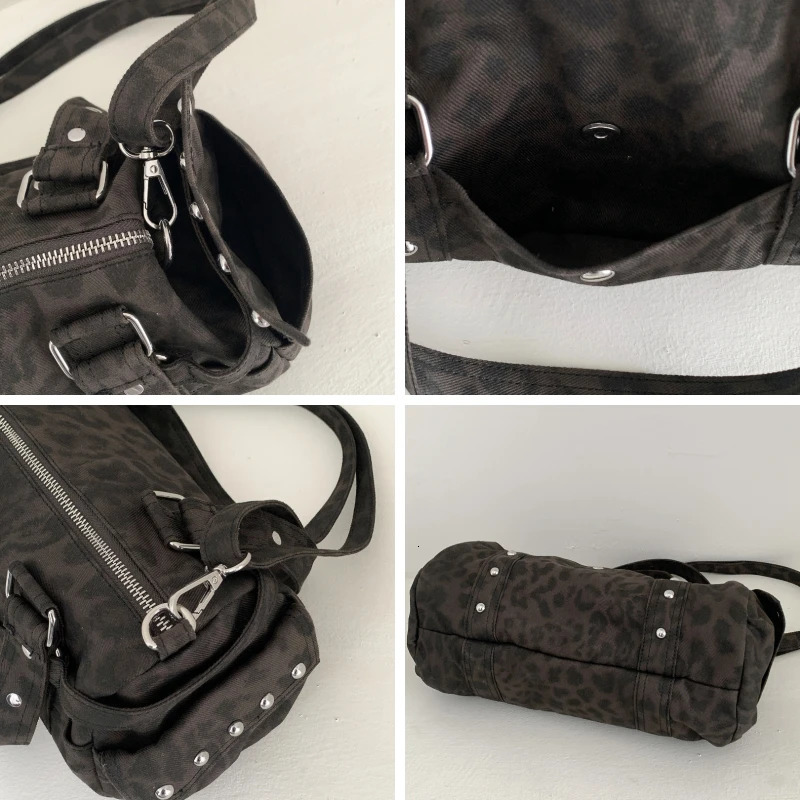 Leopard Print Barrel Shoulder Bag with Rivets Moto Biker Crossbody Bag for Women Retro Fashion Trendy Tote Bag 251031