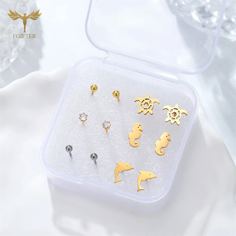 6 Pairs Small Stainless Steel Stud Earrings Set Cute Animal Fish Dolphin Shell Starfish Turtle Ball Girls Jewelry Christmas Gift 251104