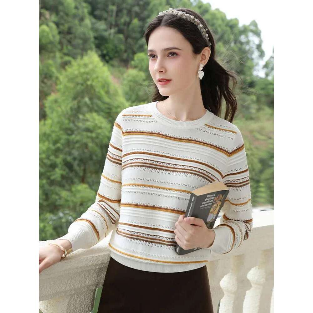 Wool Sweaters For Women Striped Color Contrast Jacquard Long-Sleeve Autumn New Classic O-Neck Tops