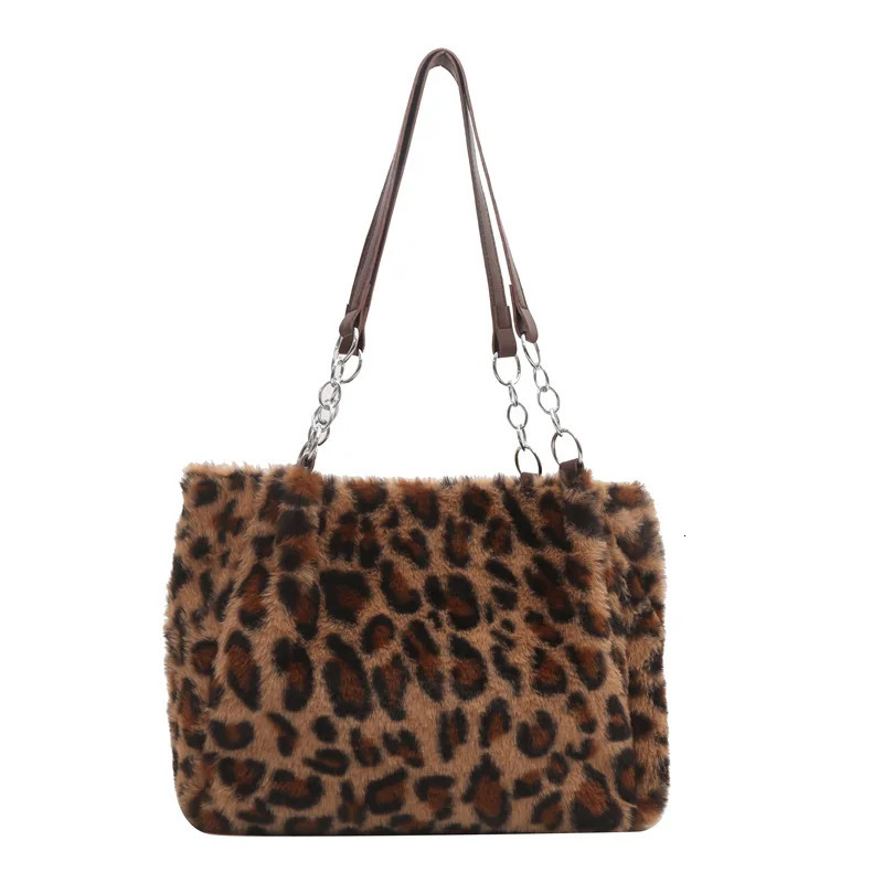 Vintage Leopard Ladies Plush Tote Bags Large Capacity Portable Womens Faux Fur Shoulder Bag Furry Casual College Handbags 251104