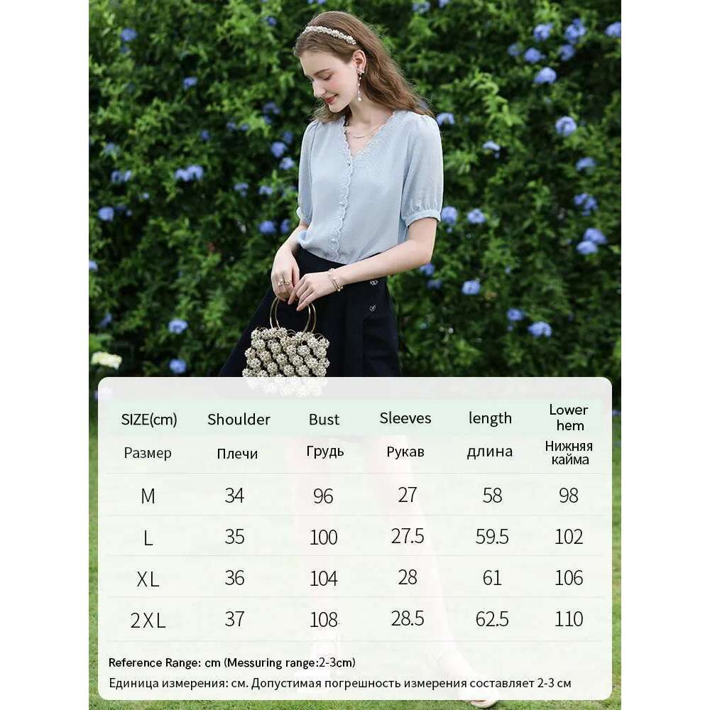 Chiffon Shirts For Women Summer Blue V-Neck Short-Sleeve New Temperament Classic Elegant Blouses