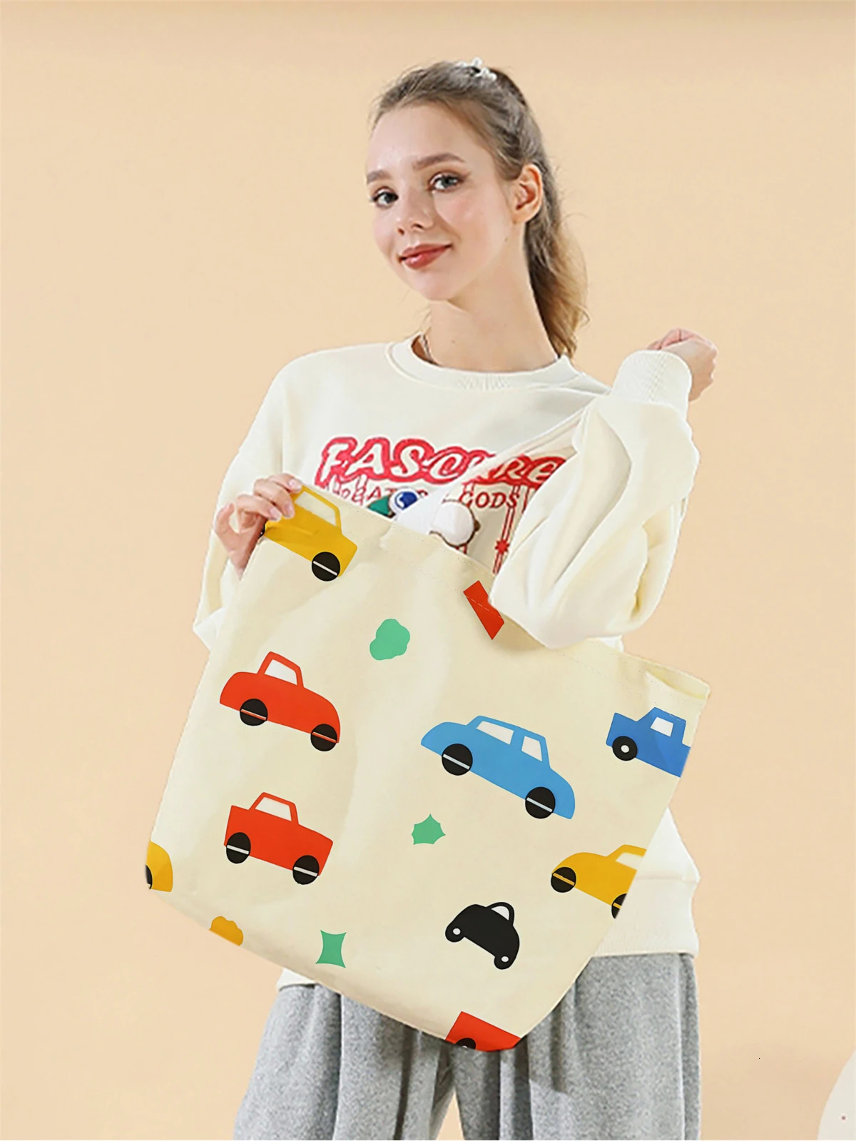 1 piece mini cartoon car handbag reusable fashionable multifunctional printed canvas shopping bag 250401