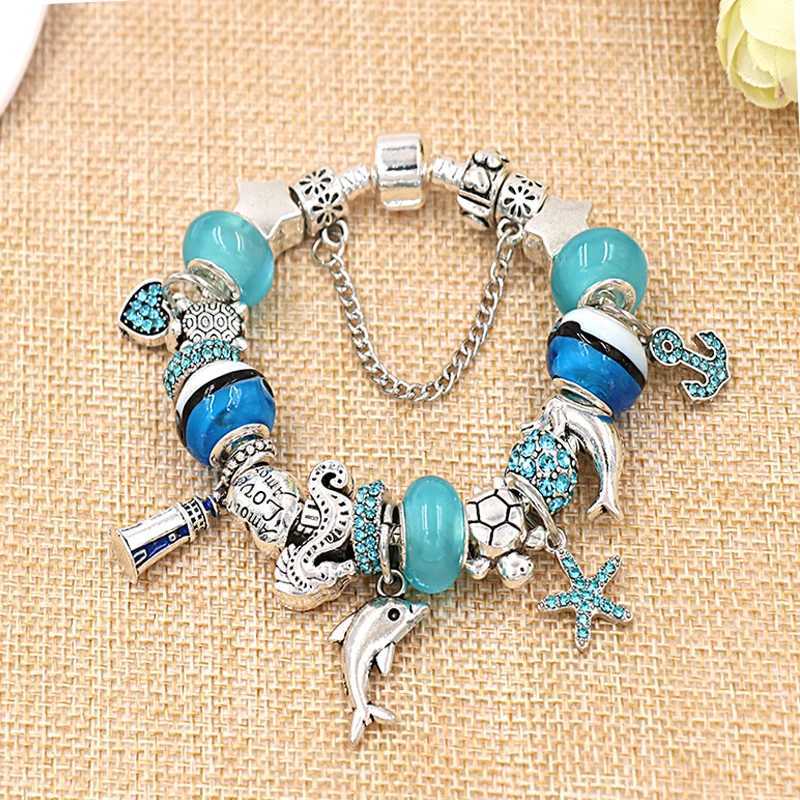 Classic Design Dolphin Charms Bangles for Women Jewelry Gift Blue Murano Crystal Glass Diy Beads C251105