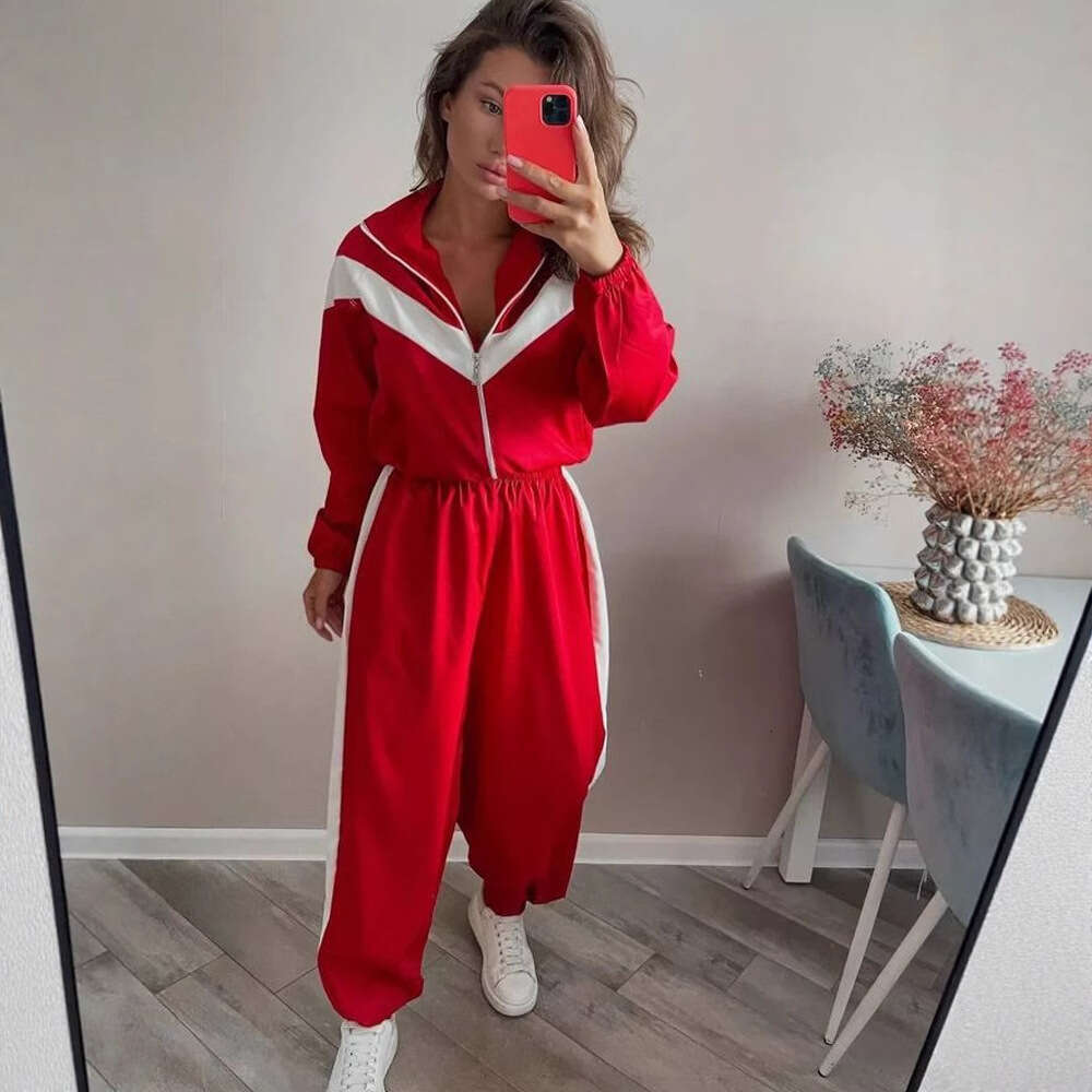 Fashion Casual European American Long Sleeve Color Block Sports Cardigan And Pants Set Street Style Outfit B5