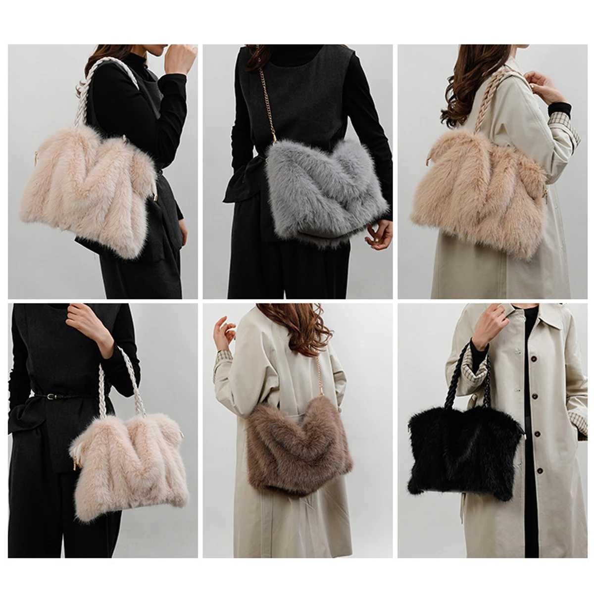 Womens Fashionable Plush Large Capacity Tote Bag High-end Pleated Fox Fur Shoulder Crossbody Bag Commuter Bag with Metal Chain Z251104