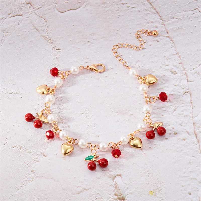 Sweet Cute Red Strawberry Cherry Heart Pearl Charm New Fashion Y2K Fruit Gold Color Chain Jewelry Party Gifts 2025 C251105