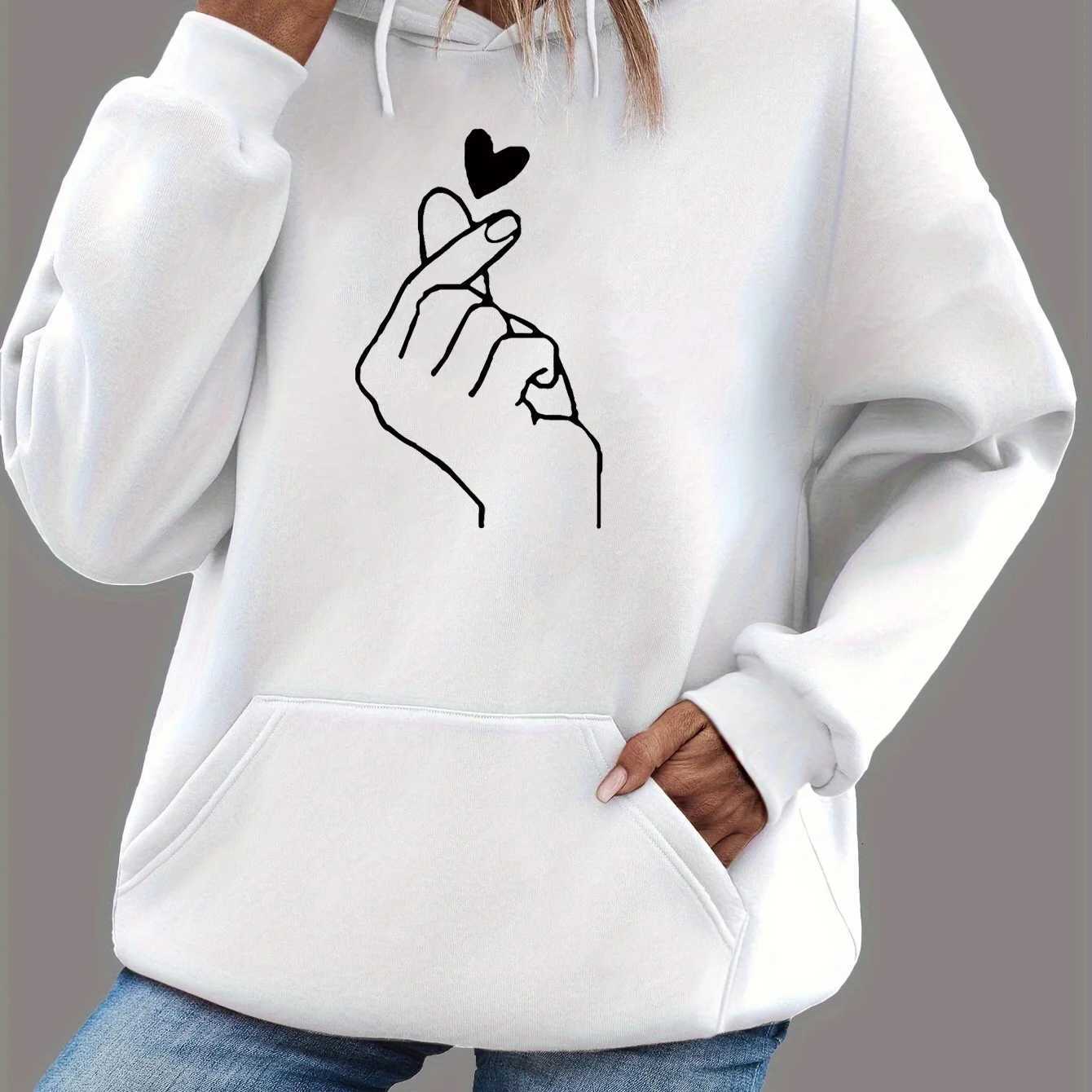 Womens autumn and winter warm and loose casual heart-shaped printed velvet long sleeved hooded sweatshirtT251105